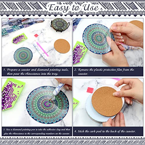SPOKKI 8 Pcs Diamond Painting Coasters with Holder, DIY Mandala Cup Coasters Diamond Art Kits with Diamond Painting Pen, Shining Drink Coasters Cork Base, Arts and Crafts for Adults Kids
