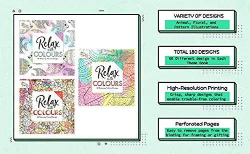 Styloo Adult Colouring Books, Set of 3 Books, 180 Designs – Animal, Floral, and Pattern Illustrations – Mindfulness and Relaxing Drawing Pad - Series 2