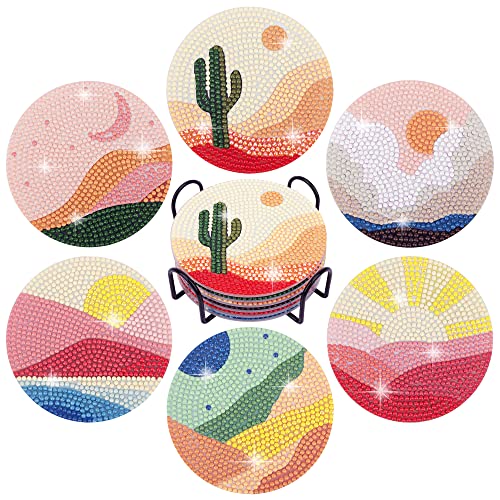 Temlum 6 Pcs Diamond Painting Coasters Kit with Holder, Abstract Landscape Diamond Art Coasters Kits for Beginners, Adults & Kids Diamond Painting Art Craft Supplies