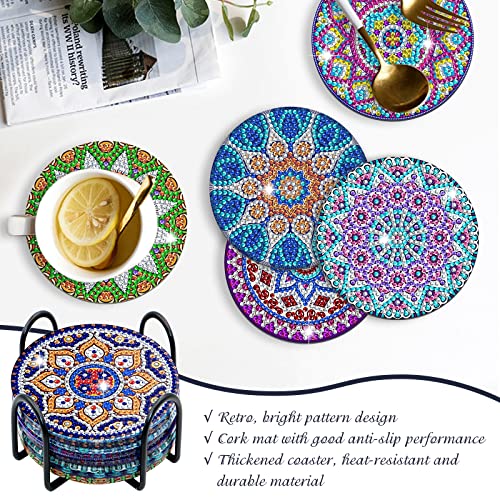 SPOKKI 8 Pcs Diamond Painting Coasters with Holder, DIY Mandala Cup Coasters Diamond Art Kits with Diamond Painting Pen, Shining Drink Coasters Cork Base, Arts and Crafts for Adults Kids