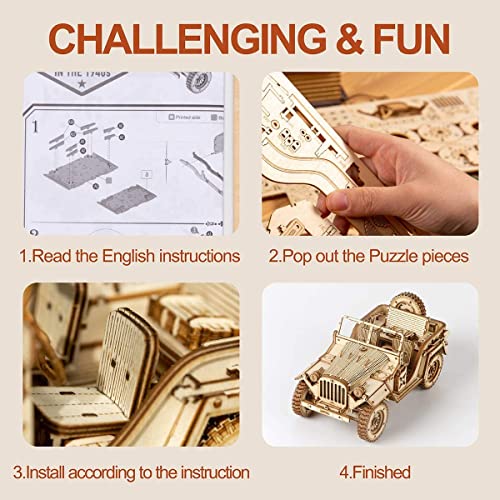 RoWood 3D Wooden Puzzle Jeep Model Kit for Adults and Teens to Build, DIY Car Model Building Woodcraft Construction Kit, Ideal Christmas and Birthday Gift