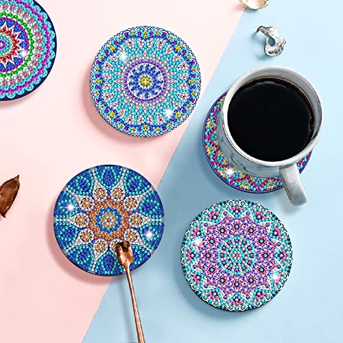 SPOKKI 8 Pcs Diamond Painting Coasters with Holder, DIY Mandala Cup Coasters Diamond Art Kits with Diamond Painting Pen, Shining Drink Coasters Cork Base, Arts and Crafts for Adults Kids
