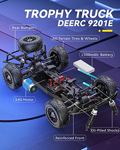 DEERC 9201E 1:12 Large Remote Control Truck with Lights, Fast Short Course RC Car, 48 km/h 4x4 Off-Road Hobby Grade Toy Monster Crawler Electric Vehicle with 2 Rechargeable Batteries for Adult Kid Boy