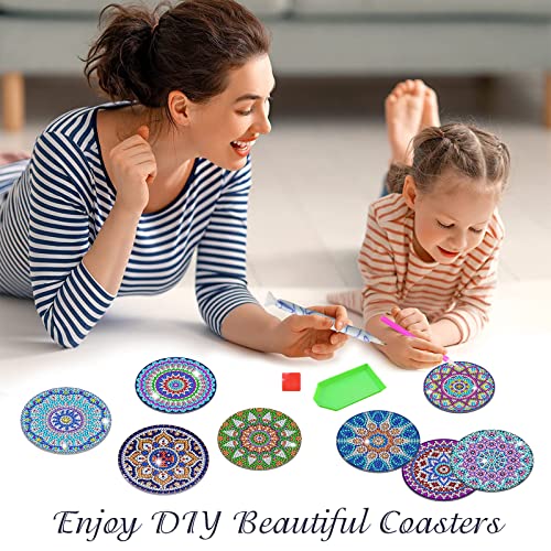 SPOKKI 8 Pcs Diamond Painting Coasters with Holder, DIY Mandala Cup Coasters Diamond Art Kits with Diamond Painting Pen, Shining Drink Coasters Cork Base, Arts and Crafts for Adults Kids