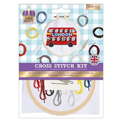 Simply Make docrafts Cross Stitch Hoop Embroidery Kit, Kings Coronation London Bus, DIY Make Your Own Craft Set, for Adults, Older Children, Kids, Beginners, Experienced Crafters, Perfect Hobby