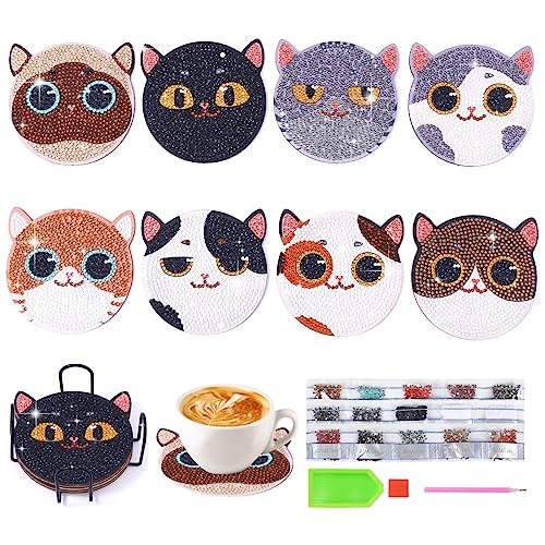 KOMINZZ 8Pcs Diamond Painting Coasters Cat Diamond Art Coasters Kits with Holder DIY Diamond Coasters Diamond Painting Kits Diamond Arts and Crafts for Adults Kids Beginners