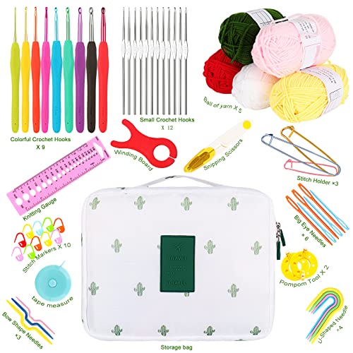 Coopay Crochet Starter Kit for Beginners Adults, Includes Ergonomic Metal Crochet Hooks 0.6mm to 6mm, Accessories and Cactus Case, Knitting Set with Wool and Needles