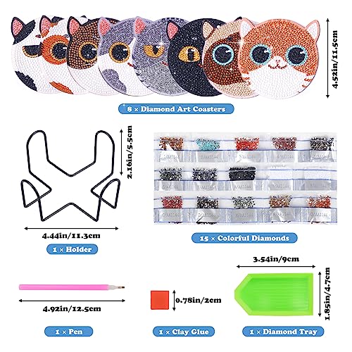 KOMINZZ 8Pcs Diamond Painting Coasters Cat Diamond Art Coasters Kits with Holder DIY Diamond Coasters Diamond Painting Kits Diamond Arts and Crafts for Adults Kids Beginners