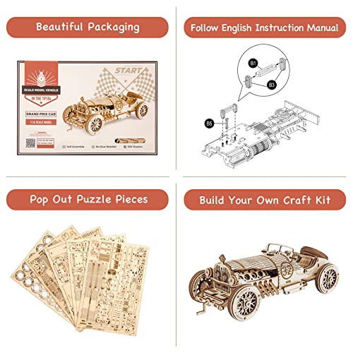 ROKR Car Model kits For Adults to Build,3D Wooden Puzzle Scale Model Vehicle,Grand Prix Car Home Decoration Gift For Teens and Adults