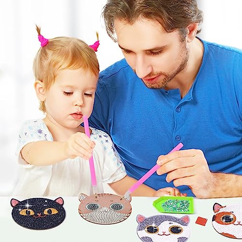 KOMINZZ 8Pcs Diamond Painting Coasters Cat Diamond Art Coasters Kits with Holder DIY Diamond Coasters Diamond Painting Kits Diamond Arts and Crafts for Adults Kids Beginners