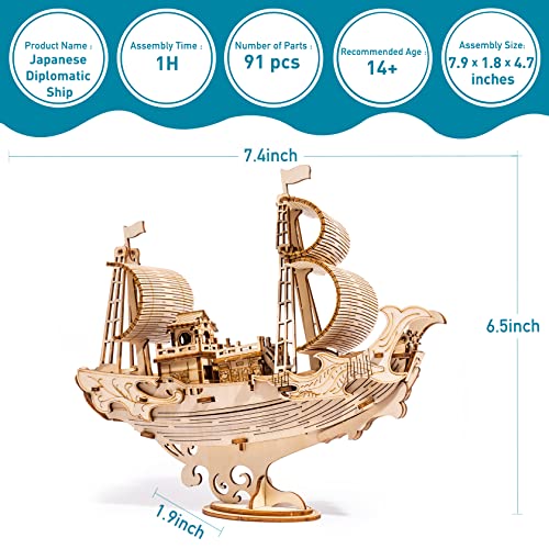 ROBOTIME 3D Wooden Puzzle for Kids and Adults Boat Building Kits Craft Brain Teaser DIY Kits for Children 8 Years Old and Up (Japanese Diplomatic Ship)