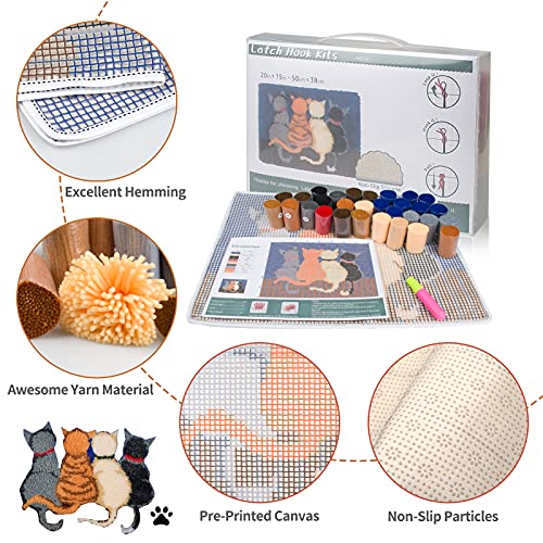 EsLuker.ly Latch Hook Rug Kits for Adults Kids Beginners DIY Crochet Rug Making Kit with Printed Cats Patterns Canvas Yarn Carpet Embroidery Crafting Arts, 20×15 Inch