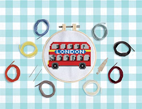Simply Make docrafts Cross Stitch Hoop Embroidery Kit, Kings Coronation London Bus, DIY Make Your Own Craft Set, for Adults, Older Children, Kids, Beginners, Experienced Crafters, Perfect Hobby