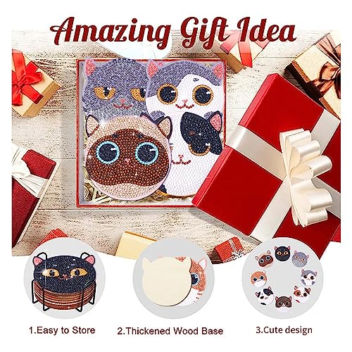 KOMINZZ 8Pcs Diamond Painting Coasters Cat Diamond Art Coasters Kits with Holder DIY Diamond Coasters Diamond Painting Kits Diamond Arts and Crafts for Adults Kids Beginners
