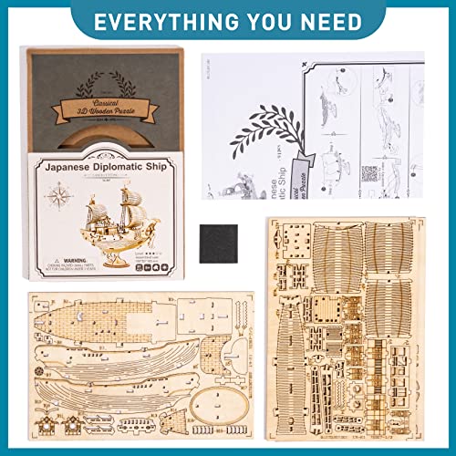 ROBOTIME 3D Wooden Puzzle for Kids and Adults Boat Building Kits Craft Brain Teaser DIY Kits for Children 8 Years Old and Up (Japanese Diplomatic Ship)