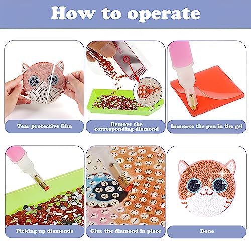 KOMINZZ 8Pcs Diamond Painting Coasters Cat Diamond Art Coasters Kits with Holder DIY Diamond Coasters Diamond Painting Kits Diamond Arts and Crafts for Adults Kids Beginners