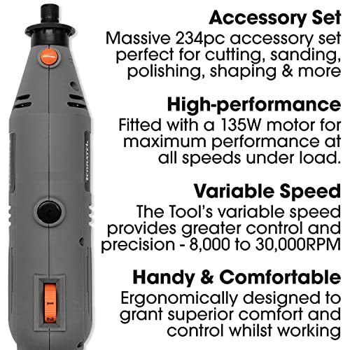 Terratek Rotary Tool Kit 135W with Accessory Set & Storage Case, Variable Speed 8000-33000rpm, Ideal for DIY, Woodwork & Hobby Craft, Dremel Compatible
