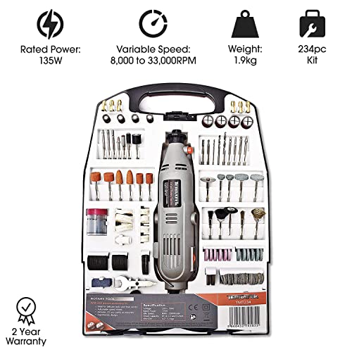 Terratek Rotary Tool Kit 135W with Accessory Set & Storage Case, Variable Speed 8000-33000rpm, Ideal for DIY, Woodwork & Hobby Craft, Dremel Compatible