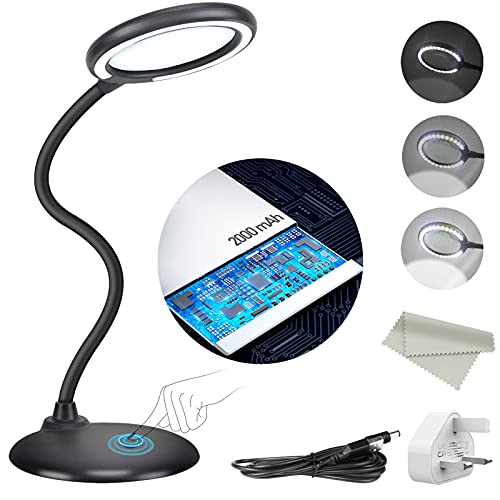 Rechargeable 5X Magnifying Desk Lamp, Dimmable Magnifying Glass with Light and Stand, Hand Free Touch Dimmable Magnifier with 28pcs LED Light for Work, Reading, Hobbies, Sewing, Crafts