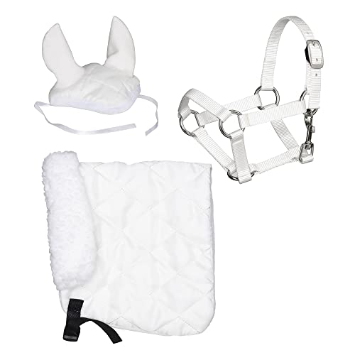 Panduro Hobby Horse Outfit Set, Wool Collar Blanket + Nylon Halter Bridle with Metal Buckles + Horse Ear Net Cover for Plush Horses, White