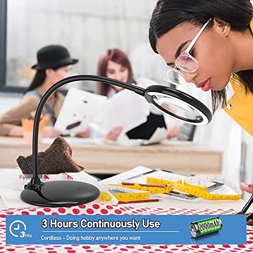 Rechargeable 5X Magnifying Desk Lamp, Dimmable Magnifying Glass with Light and Stand, Hand Free Touch Dimmable Magnifier with 28pcs LED Light for Work, Reading, Hobbies, Sewing, Crafts