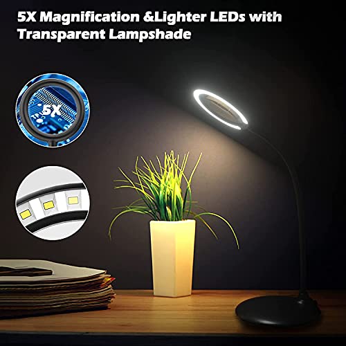 Rechargeable 5X Magnifying Desk Lamp, Dimmable Magnifying Glass with Light and Stand, Hand Free Touch Dimmable Magnifier with 28pcs LED Light for Work, Reading, Hobbies, Sewing, Crafts