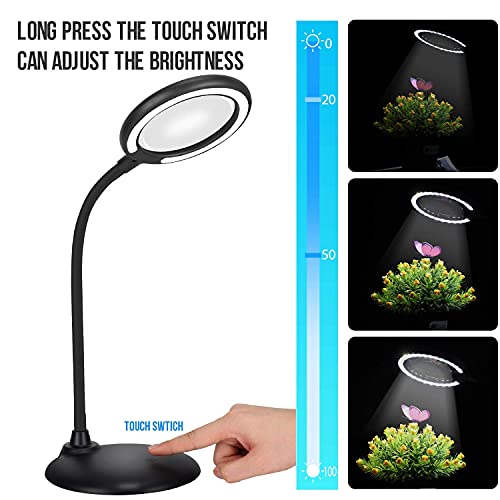 Rechargeable 5X Magnifying Desk Lamp, Dimmable Magnifying Glass with Light and Stand, Hand Free Touch Dimmable Magnifier with 28pcs LED Light for Work, Reading, Hobbies, Sewing, Crafts