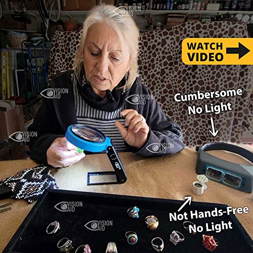 VISION AID 30X Hands-Free Magnifying Glass with 21 LED Lights for Coins Jewelry Crafts Hobby 40X Loupe Handheld or Desktop Stand Magnifier for Seniors Reading Watch Repair Soldering Close Work