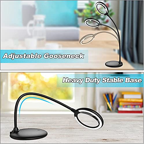 Rechargeable 5X Magnifying Desk Lamp, Dimmable Magnifying Glass with Light and Stand, Hand Free Touch Dimmable Magnifier with 28pcs LED Light for Work, Reading, Hobbies, Sewing, Crafts