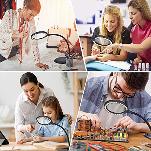 Rechargeable 5X Magnifying Desk Lamp, Dimmable Magnifying Glass with Light and Stand, Hand Free Touch Dimmable Magnifier with 28pcs LED Light for Work, Reading, Hobbies, Sewing, Crafts