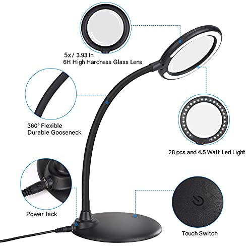 Rechargeable 5X Magnifying Desk Lamp, Dimmable Magnifying Glass with Light and Stand, Hand Free Touch Dimmable Magnifier with 28pcs LED Light for Work, Reading, Hobbies, Sewing, Crafts