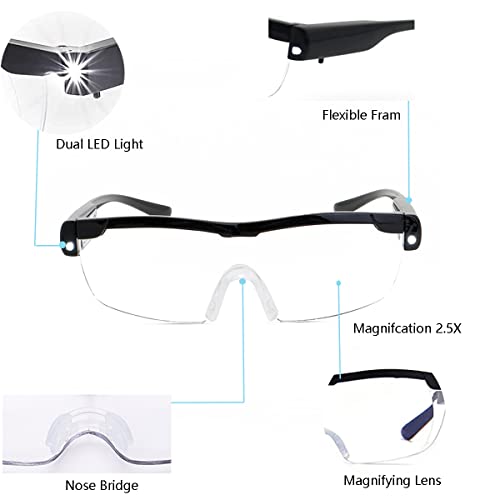 Hands-Free Magnifier Eyeglasses with 2 LED Lights - Lightweight & Comfortable 2.5X Magnifying Glass with Light for Close Work, Crafts, Repairing Hobbies Reading Eyewear