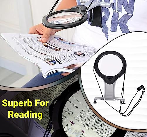 Neez Magnifying Glass with Light and Stand - Large Hands Free Magnifier for Hobbies, Reading Books - Magnifying Glasses for Jewellers & Crafting Work