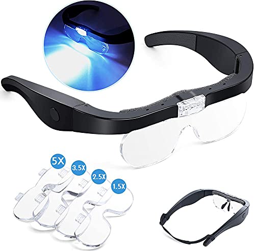 Head Magnifier Glasses with 2 Led Lights, USB Rechargeable Led Magnifying Glass Eyeglasses Hands Free for Hobbies Reading Craft Close Work, 4 Detachable Lenses 1.5X, 2.5X, 3.5X, 5X Magnification