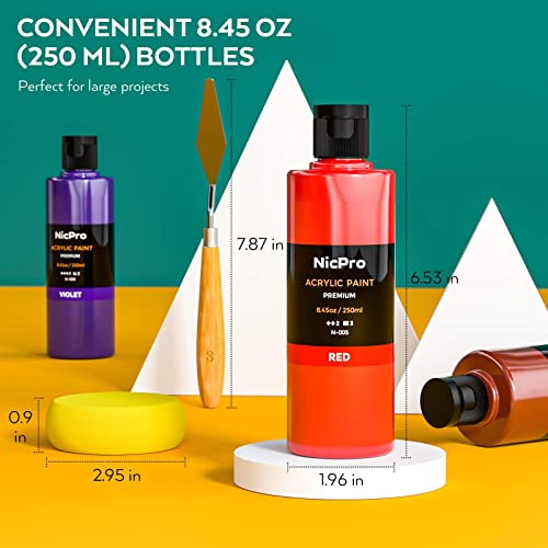 Nicpro 18 Colors Large Acrylic Paint Set, 8.45 fl oz./ 250 ml Artist Painting Supplies Bulk Non-Toxic For Multi Surface Canvas, Wood, Fabric, Leather, Cardboard, Paper, Crafts, Hobby with Color Wheel