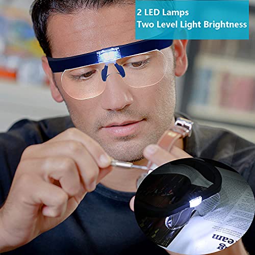 Head Magnifier Glasses with 2 Led Lights, USB Rechargeable Led Magnifying Glass Eyeglasses Hands Free for Hobbies Reading Craft Close Work, 4 Detachable Lenses 1.5X, 2.5X, 3.5X, 5X Magnification