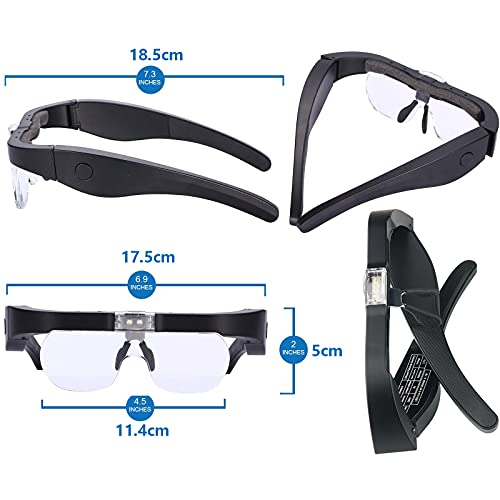 Head Magnifier Glasses with 2 Led Lights, USB Rechargeable Led Magnifying Glass Eyeglasses Hands Free for Hobbies Reading Craft Close Work, 4 Detachable Lenses 1.5X, 2.5X, 3.5X, 5X Magnification