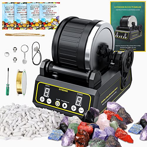 Professional Rock Tumbler Kit, Hobby Rocks Polisher for Kids and Adults, STEM Science Kit, Upgraded 9-Day Timer & 3-Speed Motor, Include Rough Gemstones, 4 Polishing Grits