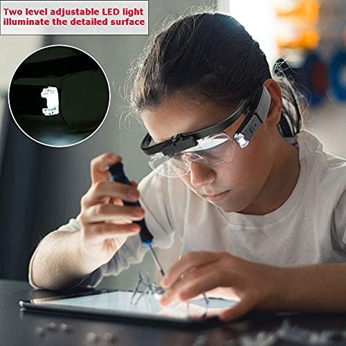 LTDOOIT Head Magnifier with Led Light Hands Free, Magnifying Glasses for Hobbies Reading Craft Close Work Usb Rechargeable, Headband Magnifier Glass with 3 Detachable Lenses 1.5X, 2X, 2.5X, Black