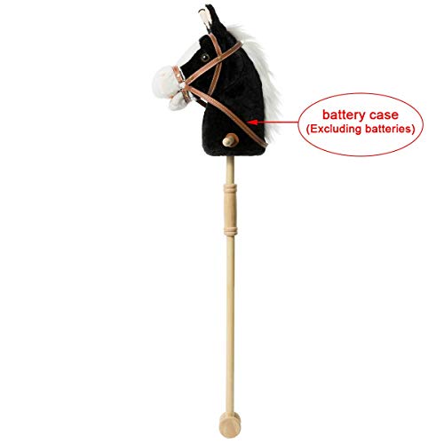 HollyHOME Stick Horse with Wood Wheels Real Pony Neighing and Galloping Sounds Plush Hobby Horse Toy, 91cm, Black (AA Batteries Required)