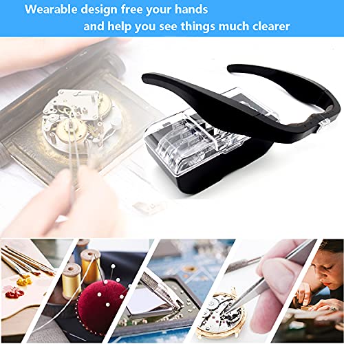 Head Magnifier Glasses with 2 Led Lights, USB Rechargeable Led Magnifying Glass Eyeglasses Hands Free for Hobbies Reading Craft Close Work, 4 Detachable Lenses 1.5X, 2.5X, 3.5X, 5X Magnification