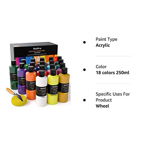 Nicpro 18 Colors Large Acrylic Paint Set, 8.45 fl oz./ 250 ml Artist Painting Supplies Bulk Non-Toxic For Multi Surface Canvas, Wood, Fabric, Leather, Cardboard, Paper, Crafts, Hobby with Color Wheel