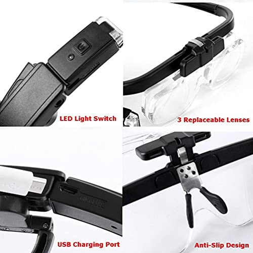 LTDOOIT Head Magnifier with Led Light Hands Free, Magnifying Glasses for Hobbies Reading Craft Close Work Usb Rechargeable, Headband Magnifier Glass with 3 Detachable Lenses 1.5X, 2X, 2.5X, Black