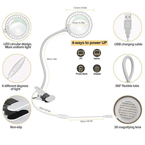 Magnifying Lamp with Light,Clip Magnigying Glass with Light and Stand,Handsfree Magnifier with Clamp for Craft Reading Sewing Hobbies Handicrafts