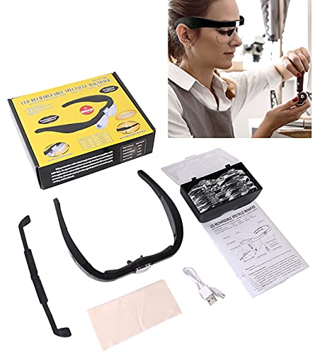 Head Magnifier Glasses with 2 Led Lights, USB Rechargeable Led Magnifying Glass Eyeglasses Hands Free for Hobbies Reading Craft Close Work, 4 Detachable Lenses 1.5X, 2.5X, 3.5X, 5X Magnification