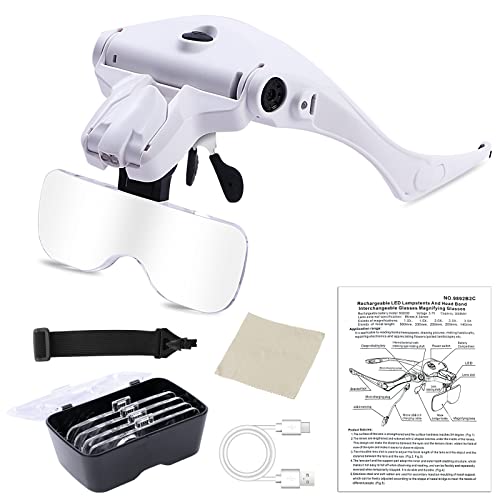 Hands Free Headband Magnifying Glass, USB Charging Head Magnifier with LED Light Jewelry Craft Watch Hobby 5 Lenses 1.0X 1.5X 2.0X 2.5X 3.5X (Upgraded Version)