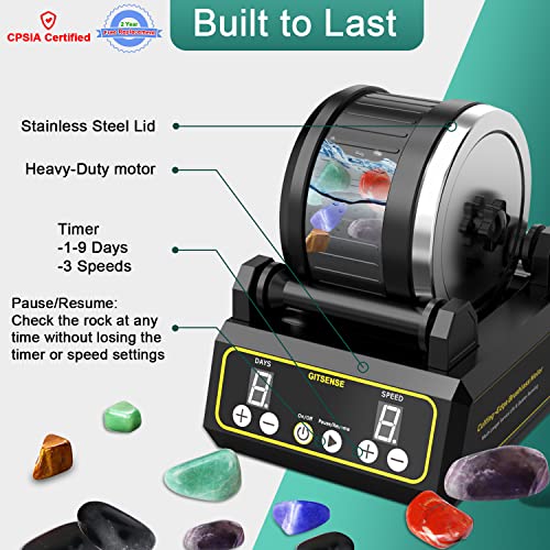 Professional Rock Tumbler Kit, Hobby Rocks Polisher for Kids and Adults, STEM Science Kit, Upgraded 9-Day Timer & 3-Speed Motor, Include Rough Gemstones, 4 Polishing Grits