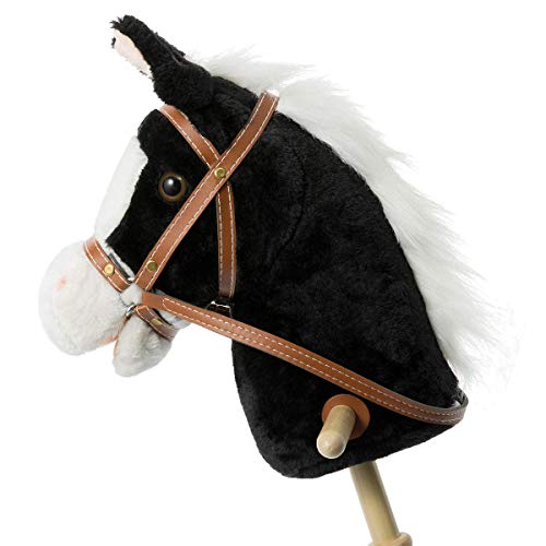 HollyHOME Stick Horse with Wood Wheels Real Pony Neighing and Galloping Sounds Plush Hobby Horse Toy, 91cm, Black (AA Batteries Required)