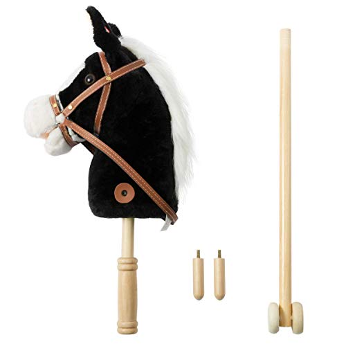 HollyHOME Stick Horse with Wood Wheels Real Pony Neighing and Galloping Sounds Plush Hobby Horse Toy, 91cm, Black (AA Batteries Required)
