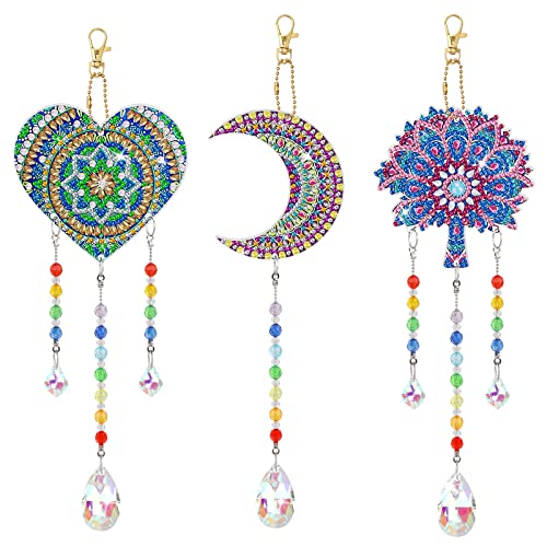 EEEKit DIY Diamond Painting Suncatcher,3 Pieces 5D DIY Point Drill Diamond Painting Wind Chime,Double Sided Painting Ornaments with Crystal Pendant for Home Garden Decoration(Moon,Heart,Tree)